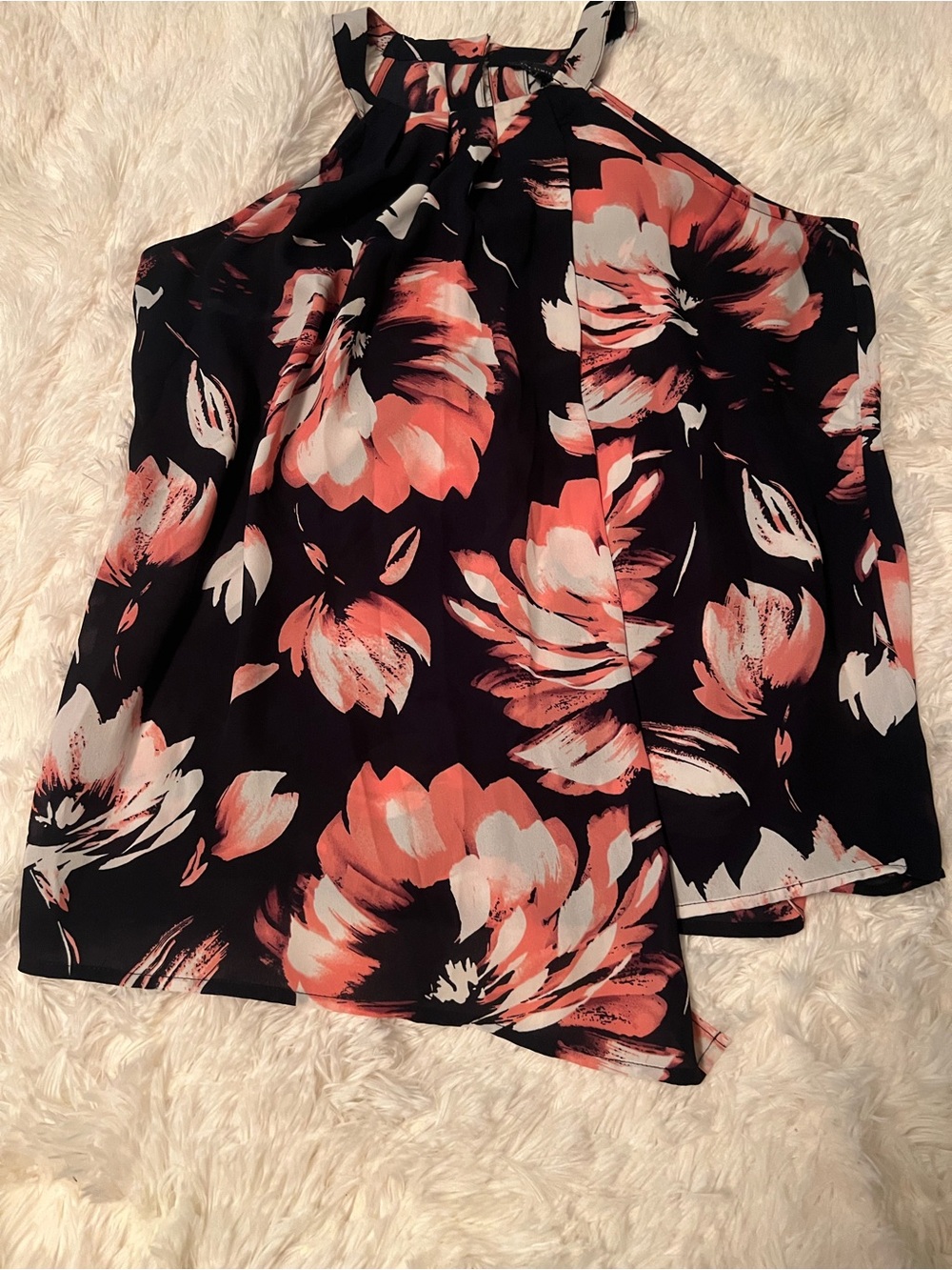 The Limited Black Floral Halter Blouse with Coral and White Accents